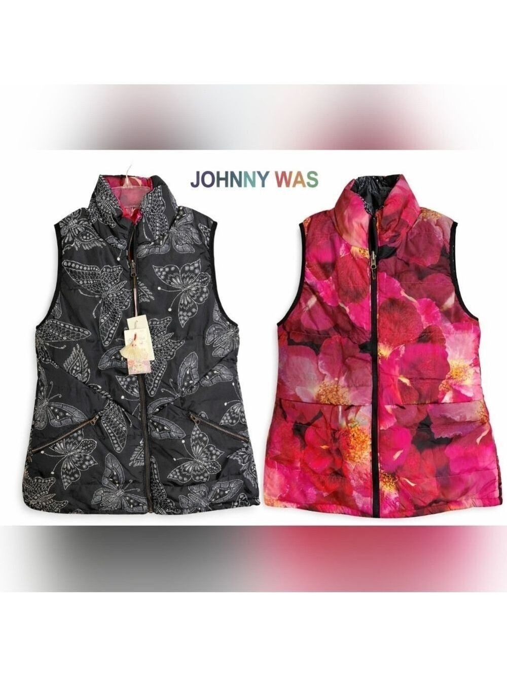 NWT Johnny Was Reversible Puffer Vest Butterfly Floral Black Size Extra Small